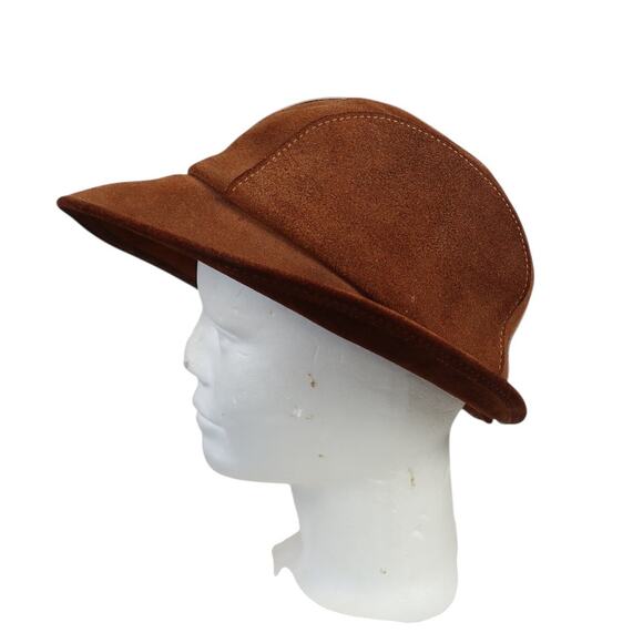 Vintage 70s Brown Suede Leather Cloche Bucket Hat - Picture 4 of 7
